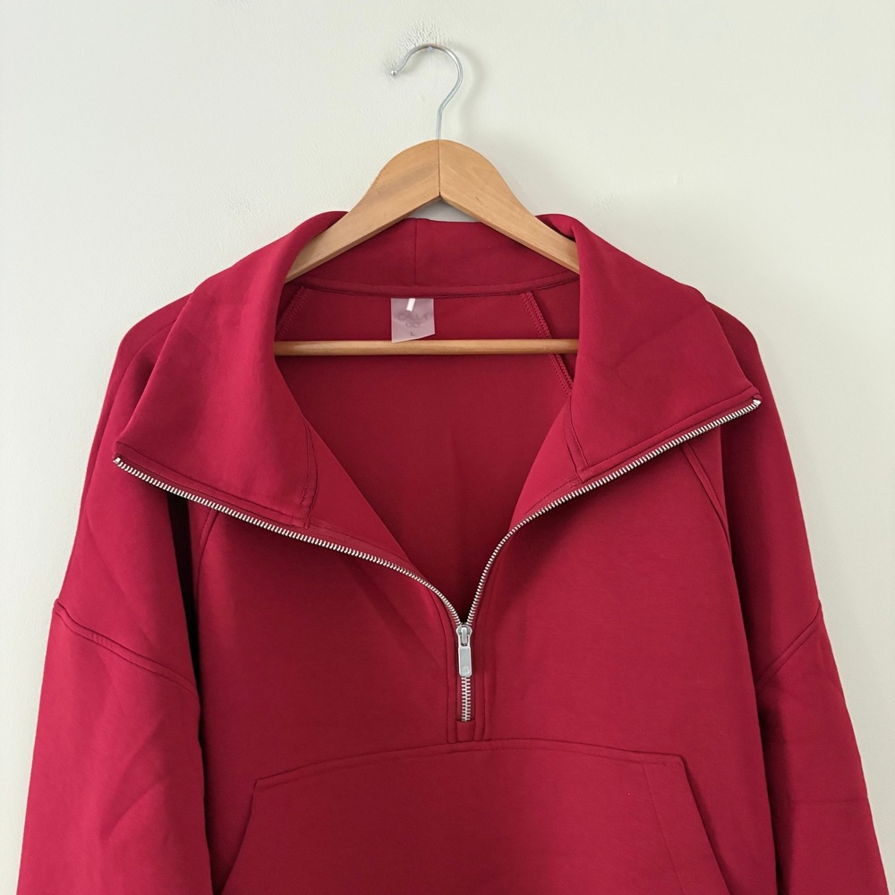 Calia Pullover 1/4 Zip Soft Scuba Sweatshirt L Red Funnel Neck Kangaroo Pocket - Picture 3 of 11